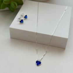 Conjunto Brincos e Colar em Prata 925 Coração Pacific Blue - 45cm