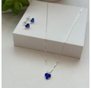 Conjunto Brincos e Colar em Prata 925 Coração Pacific Blue - 45cm
