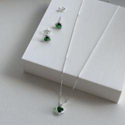 Conjunto de Prata 925 Colar e Brincos Verde Esmeralda 