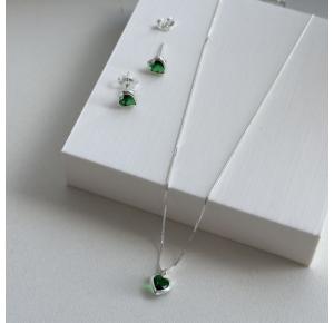 Conjunto de Prata 925 Colar e Brincos Verde Esmeralda 